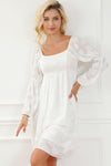 White Jacquard Square Neck Bubble Sleeve Dress-Dresses-MomFashion