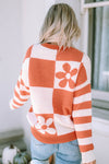 Brown Checkered Floral Print Striped Sleeve Sweater-Tops-MomFashion