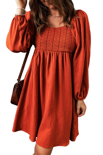 Brown Textured Front Crochet Babydoll Dress-Dresses-MomFashion