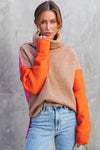 Khaki Color Block Turtle Neck Drop Shoulder Knit Sweater-Tops-MomFashion