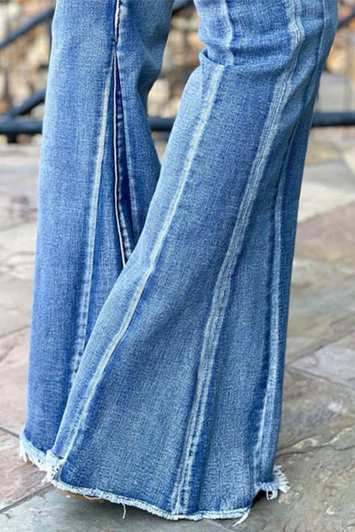 Light Blue Acid Wash Raw Hem Flared Jeans-Bottoms-MomFashion