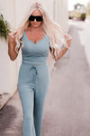 Blue Ribbed Crop Tank Drawstring Lounge Pants Set-Loungewear-MomFashion