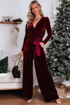 Fiery Red Velvet Pocketed Cut out Back Wide Leg Jumpsuit-Bottoms-MomFashion