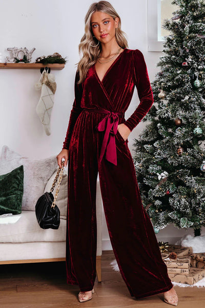 Fiery Red Velvet Pocketed Cut out Back Wide Leg Jumpsuit-Bottoms-MomFashion