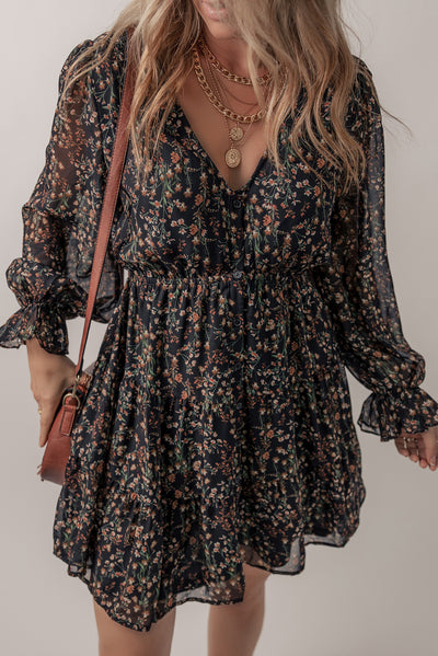 Black Floral Print V Neck Ruffled Puff Sleeve Mini Dress-Dresses-MomFashion