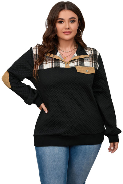 Black Plus Size Quilted Plaid Patch Henley Sweatshirt-Plus Size-MomFashion