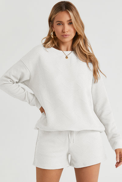 White Textured Long Sleeve Top and Drawstring Shorts Set-Loungewear-MomFashion