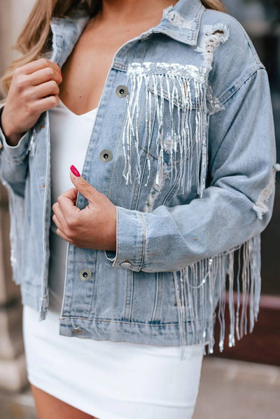 Sky Blue Sequin Embellished Fringe Distressed Denim Jacket-Outerwear-MomFashion