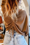 Brown V-Neck Drawstring Dolman Sleeve Waffle Knit Top-Tops-MomFashion