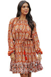 Orange Western Pattern Print Lantern Sleeve Drawstring Mini Dress-Dresses-MomFashion