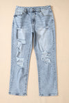 Sky Blue Light Wash Frayed Slim Fit High Waist Jeans-Bottoms-MomFashion