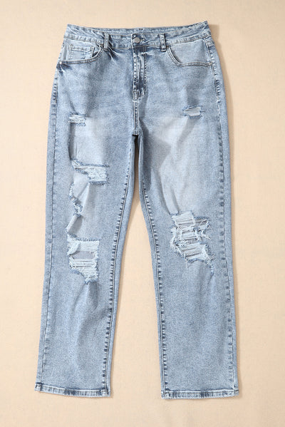 Sky Blue Light Wash Frayed Slim Fit High Waist Jeans-Bottoms-MomFashion