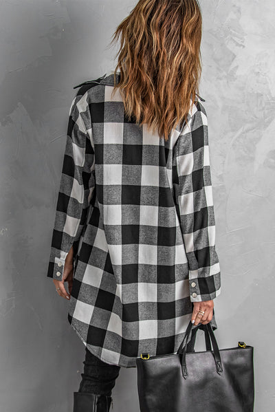 Black Turn-down Collar Plaid Shirt Coat-Outerwear-MomFashion