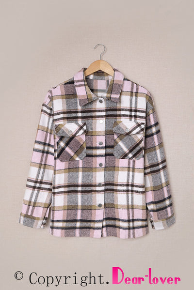 Pink Geometric Plaid Print Pocketed Shacket-Outerwear-MomFashion