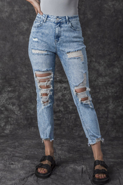 Sky Blue Acid Wash Distressed Slim Fit Jeans-Bottoms-MomFashion