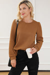 Brown Solid Color Quilted Puff Sleeve Pullover Sweatshirt-Tops-MomFashion