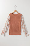 Golden Fleece Floral Patchwork Ruffled Cuff Cable Knit Sweater-Tops-MomFashion