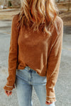 Brown Textured Round Neck Long Sleeve Top-Tops-MomFashion