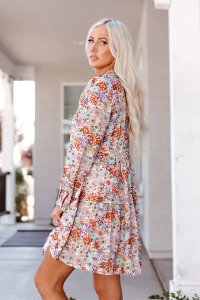 Multicolor Split Neck Buttons Front Shirt Floral Dress-Dresses-MomFashion