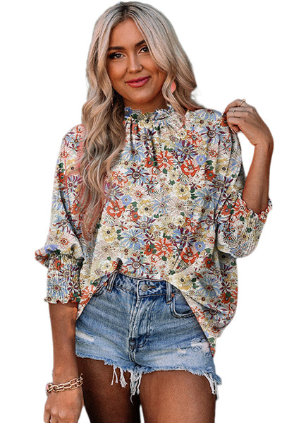 Multicolor Shirred Cuffs Bubble Sleeve Floral Blouse-Tops-MomFashion