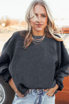 Dark Grey Ribbed Corded Oversized Sweatshirt-Tops-MomFashion