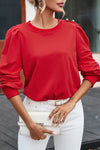 Fiery Red Button Tab Detail Long Sleeve Top-Tops-MomFashion