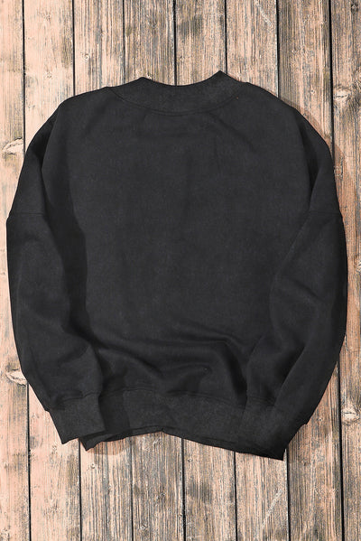 Black Drop Shoulder Crew Neck Pullover Sweatshirt-Tops-MomFashion