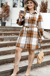 Khaki Plus Size Plaid Flounce Sleeve Button up Shirt Dress-Plus Size-MomFashion