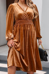 Camel Surplice V Neck Balloon Sleeve Velvet Dress-Plus Size-MomFashion