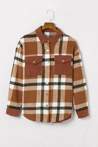 Brown Pocketed Buttoned Plaid Shirt Jacket-Outerwear-MomFashion