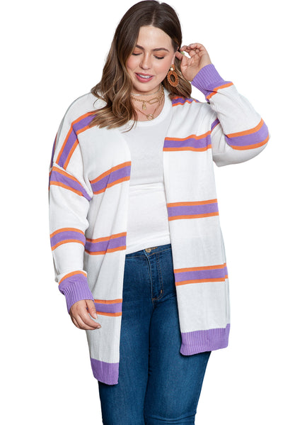 Beige Plus Size Striped Dropped Shoulder Sweater Cardigan-Plus Size-MomFashion