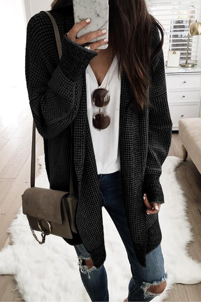 Black Plaid Knitted Long Open Front Cardigan-Tops-MomFashion