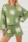 Green Flower Print Bubble Sleeve Knitted Sweater and Shorts Set-Loungewear-MomFashion