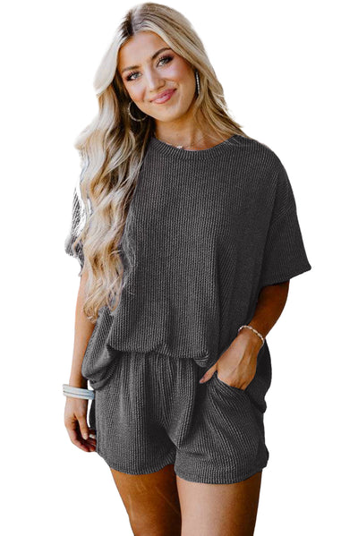 Carbon Grey Ribbed Textured Knit Loose Fit Tee and Shorts Set-Two Piece Sets/Short Sets-MomFashion