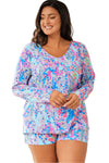 Sky Blue Plus Size Floral Print Long Sleeve and Shorts Lounge Outfit-Plus Size-MomFashion