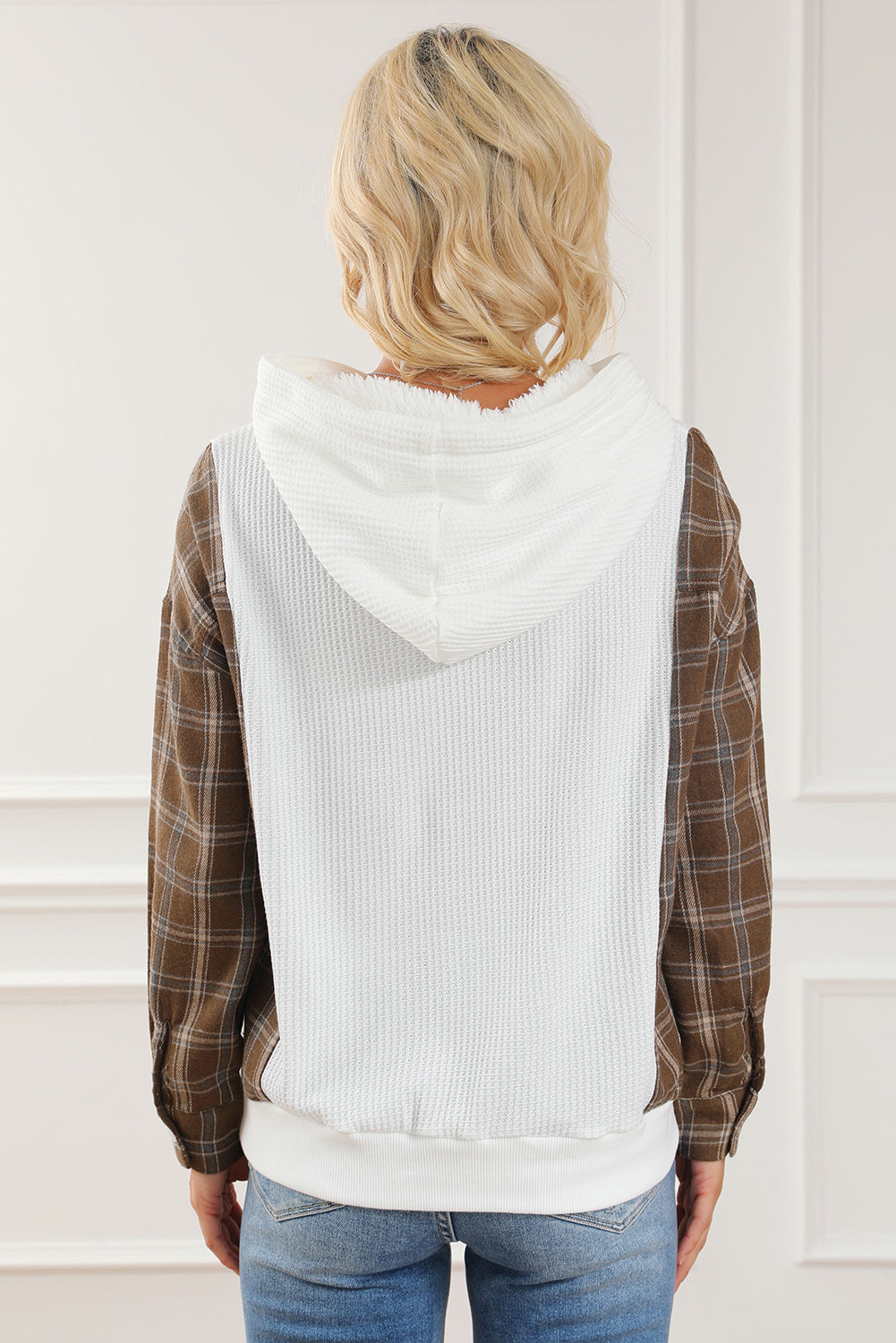 White Waffle Patch Plaid Sleeve Kangaroo Pocket Hoodie-Tops-MomFashion