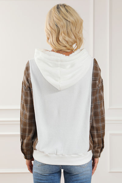 White Waffle Patch Plaid Sleeve Kangaroo Pocket Hoodie-Tops-MomFashion