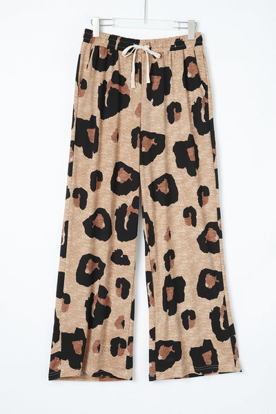 Leopard Drawstring Wide Leg Casual Pants-Bottoms-MomFashion