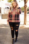 Mineral Red Plus Size Plaid Print Button Decor Asymmetric Neck Top-Plus Size-MomFashion