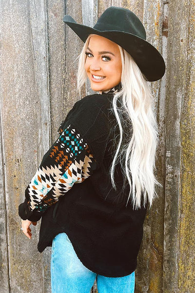 Black Western Aztec Print Accent Fleece Shacket-Outerwear-MomFashion