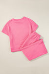 Strawberry Pink Textured Loose Fit T Shirt and Drawstring Pants Set-Two Piece Sets/Pant Sets-MomFashion