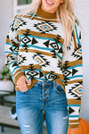 Brown Aztec Striped Knit Ribbed Trim Sweater-Tops-MomFashion