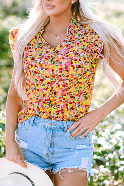 Yellow Floral Print Flutter Sleeve V Neck Tank Top-Tops-MomFashion