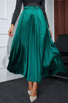 Blackish Green Satin Elastic Waist Pleated Maxi Skirt-Bottoms-MomFashion