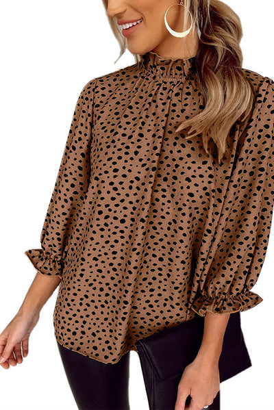 Brown Frilled Neck 3/4 Sleeves Cheetah Blouse-Tops-MomFashion