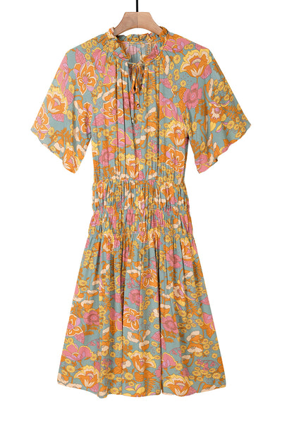 Boho Wide Sleeve Smocked Waist Floral Dress-Dresses-MomFashion