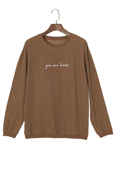 Khaki You Are Loved Print Corduroy Sweatshirt-Tops-MomFashion