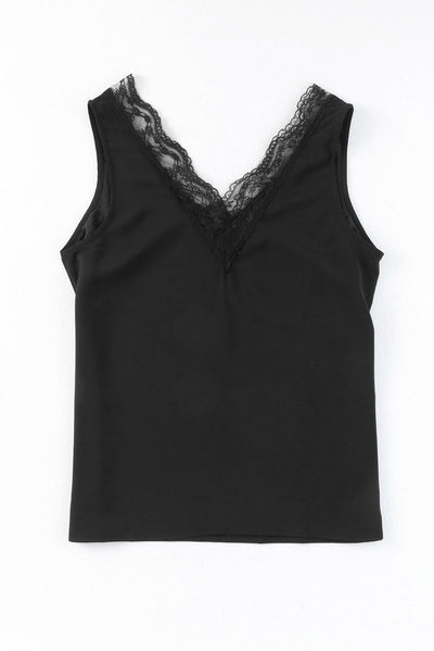 Black Lace Splicing Open Back V Neck Tank Top-Tops-MomFashion