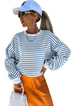 Blue Stripe Drop Shoulder Crew Neck Loose Sweatshirt-Tops/Sweatshirts & Hoodies-MomFashion