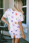 White Flower Print Short Sleeve High Waist Two Piece Shorts Set-Loungewear-MomFashion